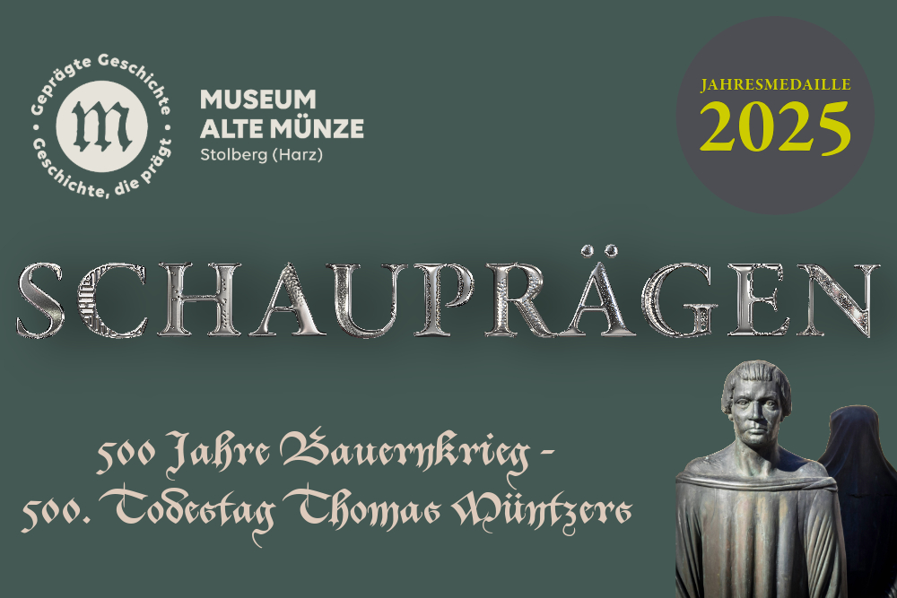 Zu regelmäßigen Terminen wird im Museum Alte Münze in Stolberg (Harz) am Großen Balancier nach alter Tradition geprägt. Hergestellt werden die Jahresmedaille 2025, die Hirschmedaille und, ab 22.3., die Gedenkmedaille anlässlich 500 Jahre Bauernkrieg - 500. Todestag Thomas Müntzers. Geprägt werden Medaillen aus 999er Feinsilber.