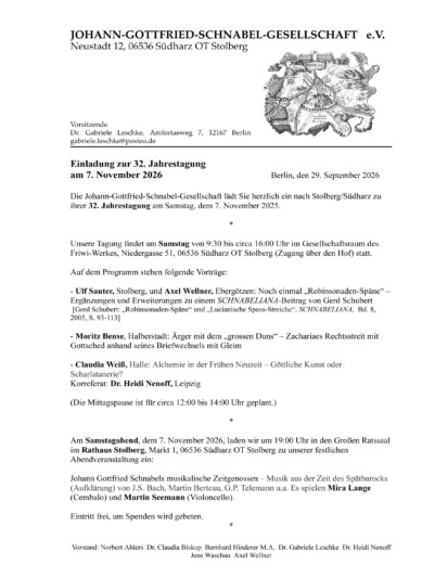 Jahrestagung der Johann-Gottfried-Schnabel-Gesellschaft 2026